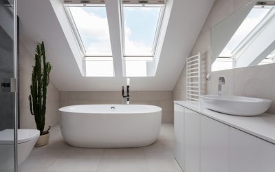 Porcelain freestanding bath in designed white bathroom